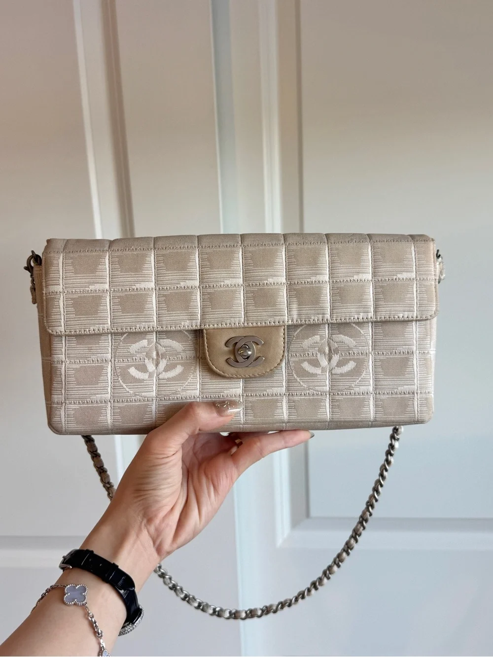 CHANEL Cream East West Flap Shoulder Bag with Silver Hardware